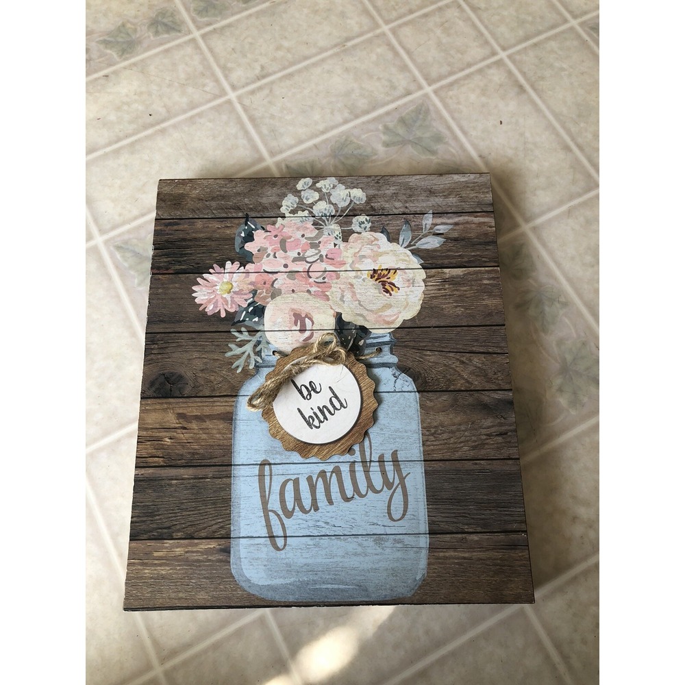 Mason Jar Family Wall Art Pallet Background Sign White Flowers be Kind